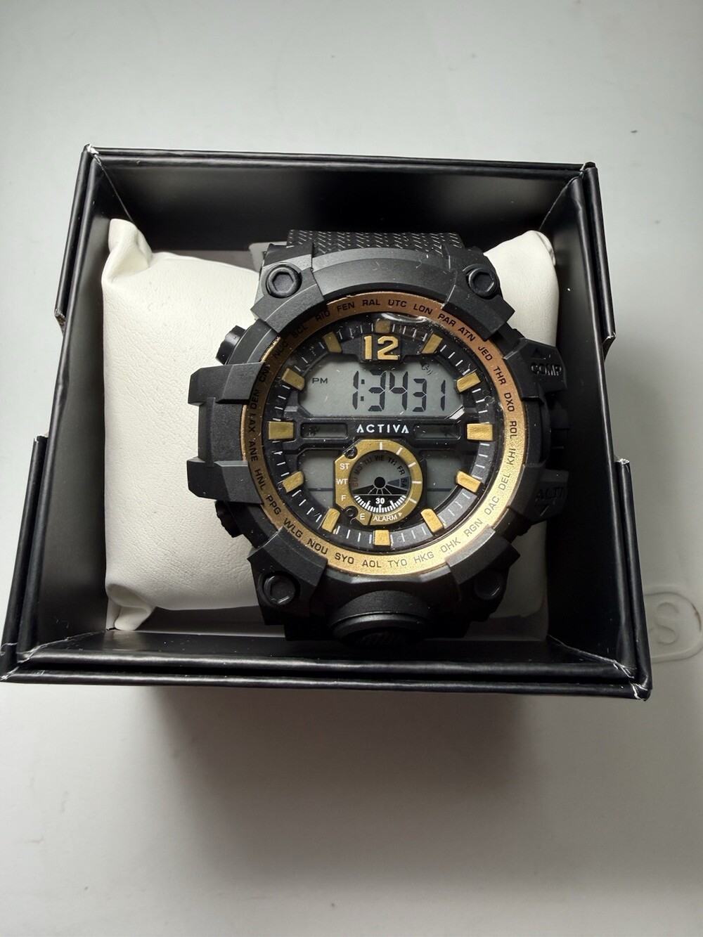 Activa Men’s Digital Sport Watch Black Gold World Time Oversized New in Box